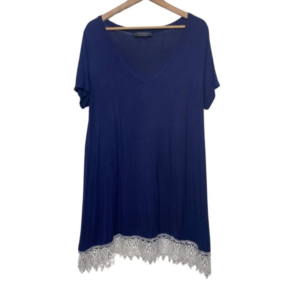 Blue V-Neck Tunic Dress with Lace Hem